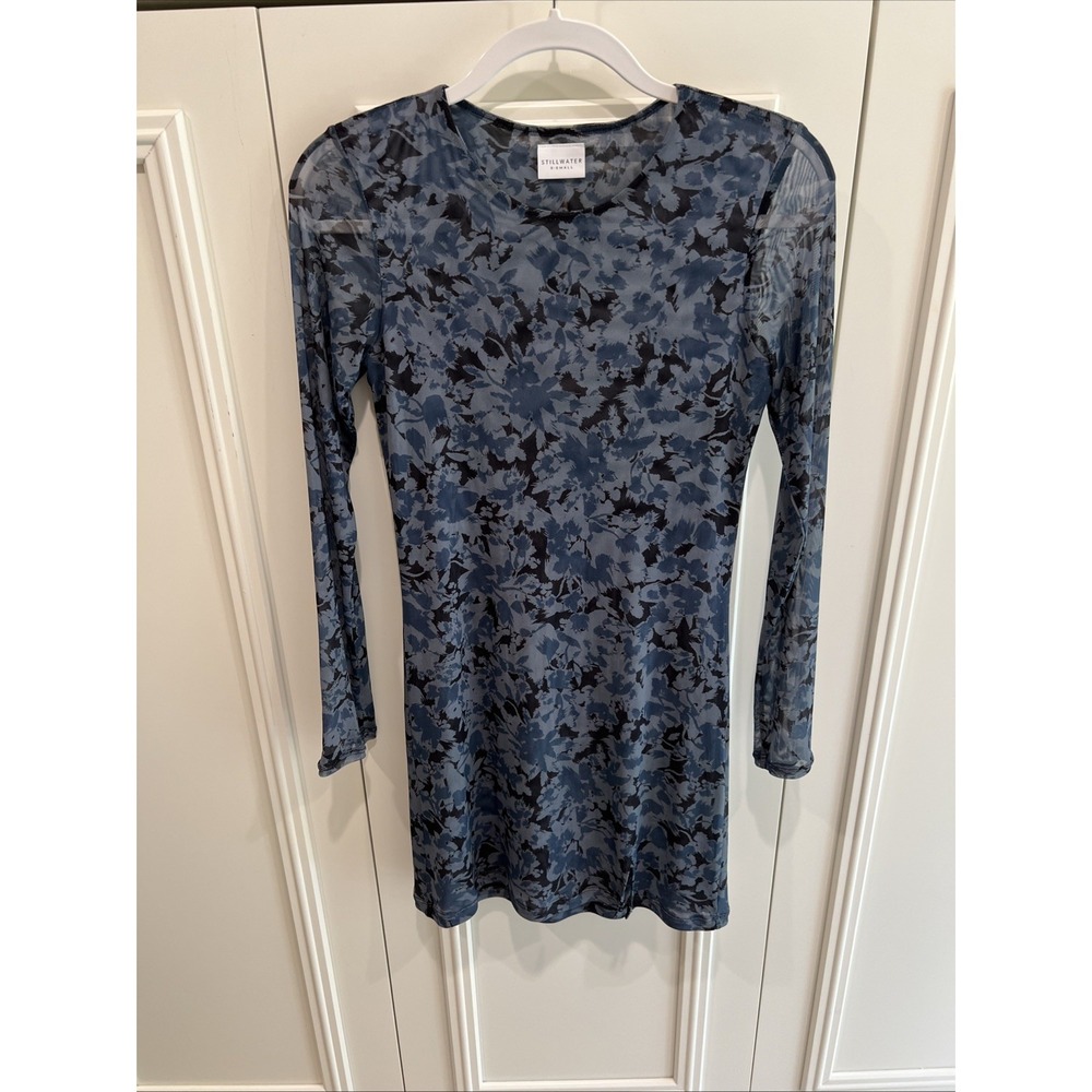 Stillwater Colette Mesh Mini Dress Blue Abstract Camo Whimsigoth Stretch Sheer